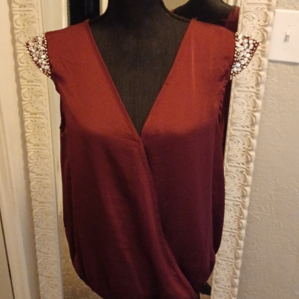 New Charlotte Russe Beaded Cap Sleeve Surplice Wrap Blouse